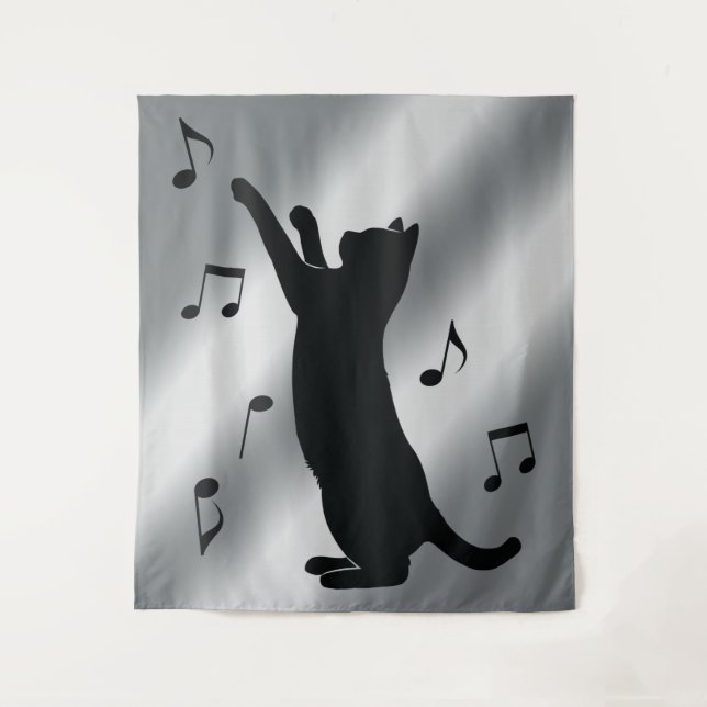 Cat Playing with Musical Notes in Silhouette Tapestry (Front)