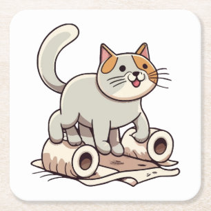 Cat Playing with Toilet Paper Square Paper Coaster