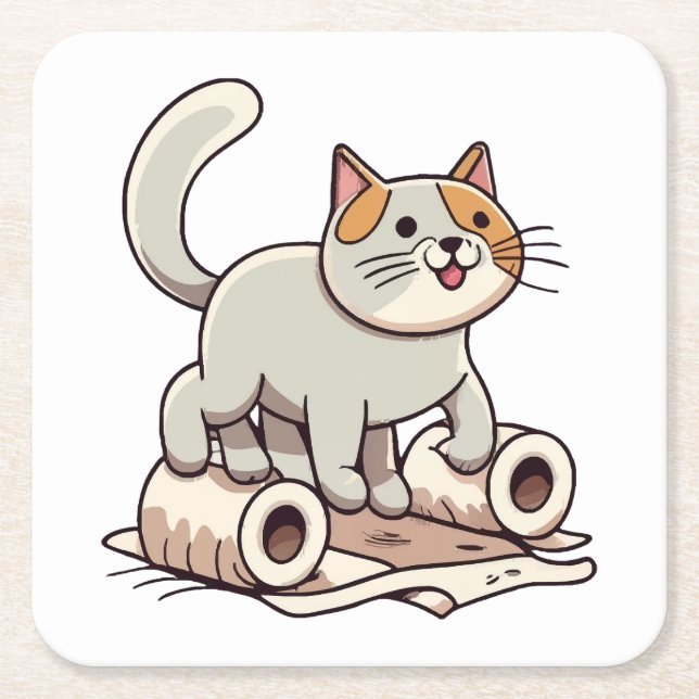 Cat Playing with Toilet Paper Square Paper Coaster (Front)