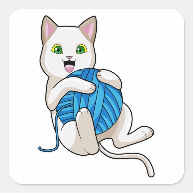 Cat Playing Wool Square Sticker (Front)