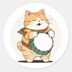 Cat Plays The Drum Classic Round Sticker