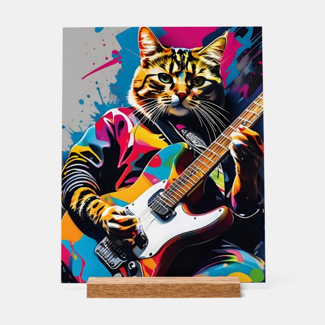 Cat plays the guitar, rock graffiti acrylic sign (Front)