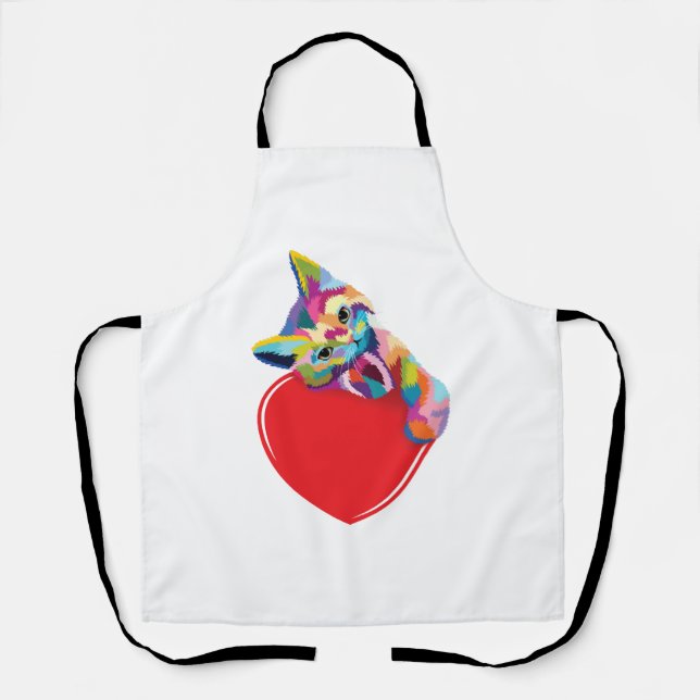 Cat Pop Art Style Kitty On A Heart Apron (Front)
