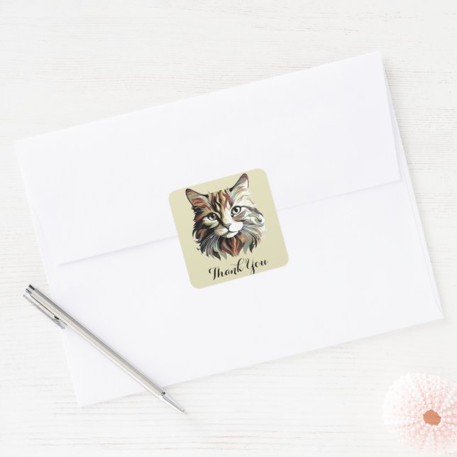 Cat Portrait Art Design Thank You Square Sticker (Envelope)