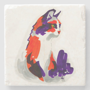 Cat Portrait – Bold Graphic Art Orange and Violet Stone Coaster