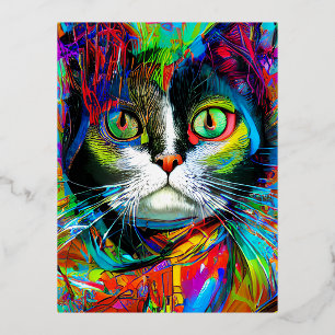 Cat Portrait Graffiti Art Psychedelic Foil Holiday Postcard
