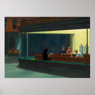 Cat Poster Famous Painting Hopper Nighthawks