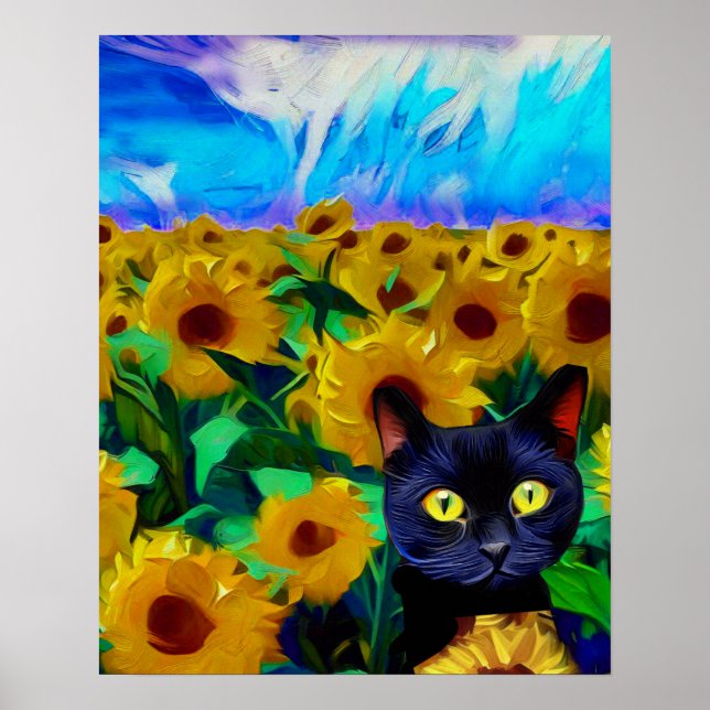 Cat Poster, Sunflower Field, Impressionist Art Poster (Front)