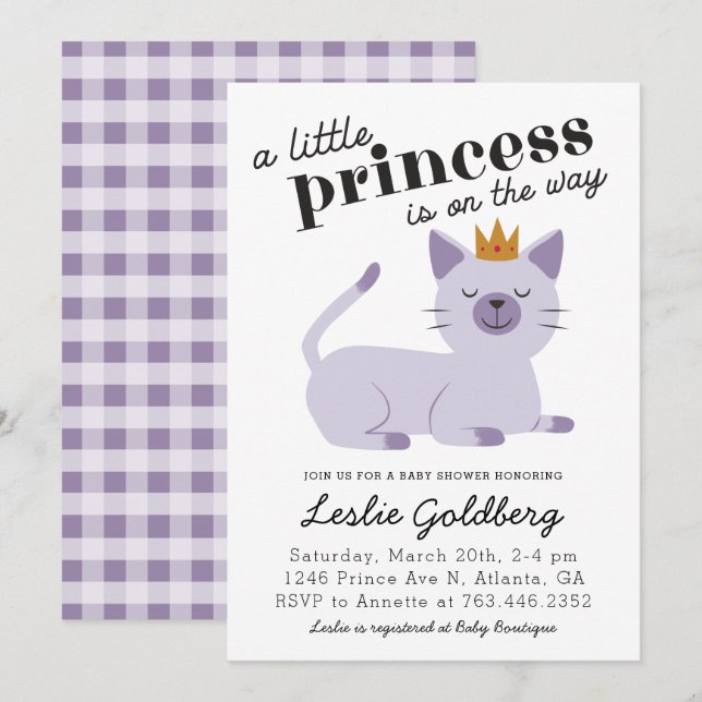 Cat Princess Baby Shower Purple Invitation (Front/Back)
