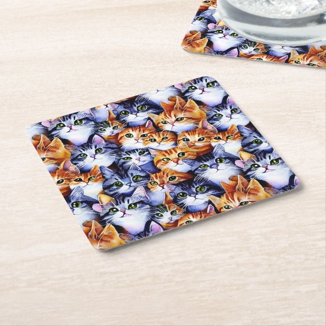 Cat print faces cartoon collage ginger grey kitten square paper coaster (Angled)