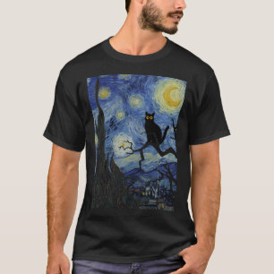 Cat Print Starry Night Vincent Van Gogh Black Cat T-Shirt
