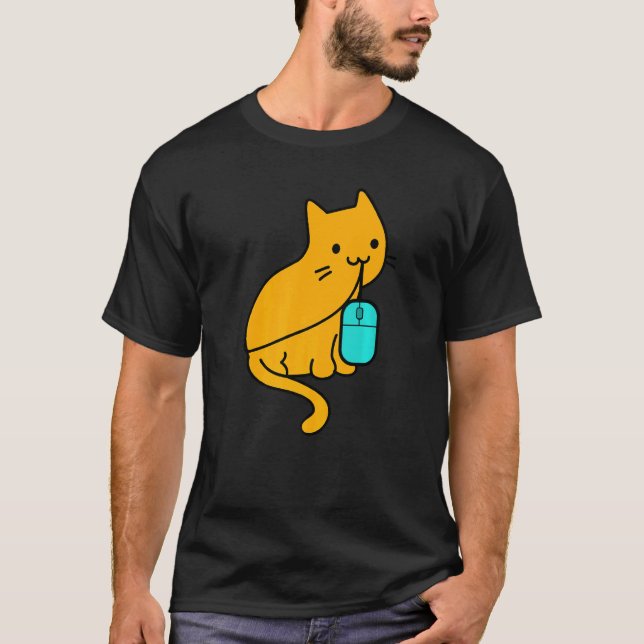 Cat programmer gamer eating PC gaming mouse T-Shirt (Front)