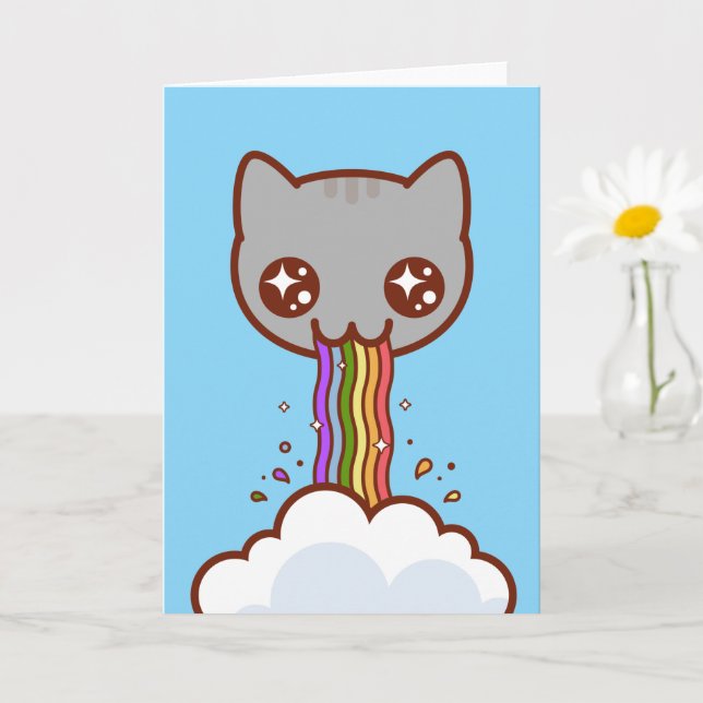 CAT PUKING RAINBOW - Funny Cat Card (Small Plant)