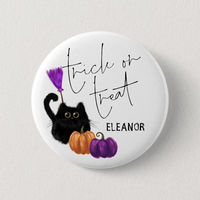 Cat Pumpkin Broomstick Halloween Trick Treat Name  6 Cm Round Badge (Front)