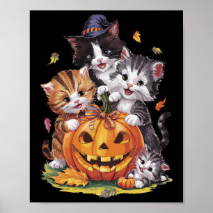 Cat Pumpkin Halloween Floral Spooky Season Vintage Poster