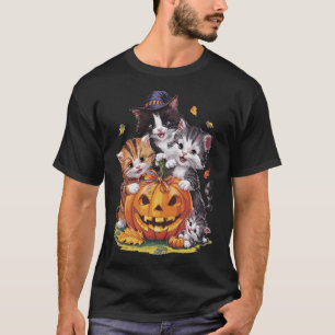 Cat Pumpkin Halloween Floral Spooky Season Vintage T-Shirt