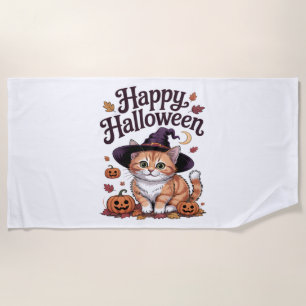 Cat Pumpkin Happy Halloween Beach Towel