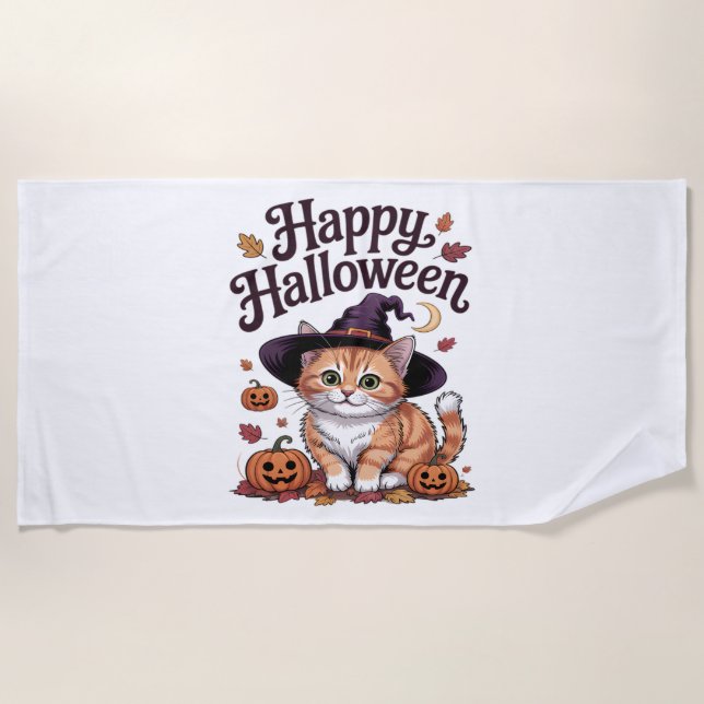 Cat Pumpkin Happy Halloween Beach Towel (Front)