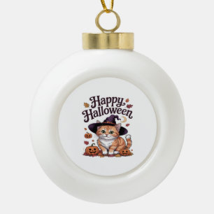 Cat Pumpkin Happy Halloween Ceramic Ball Christmas Ornament