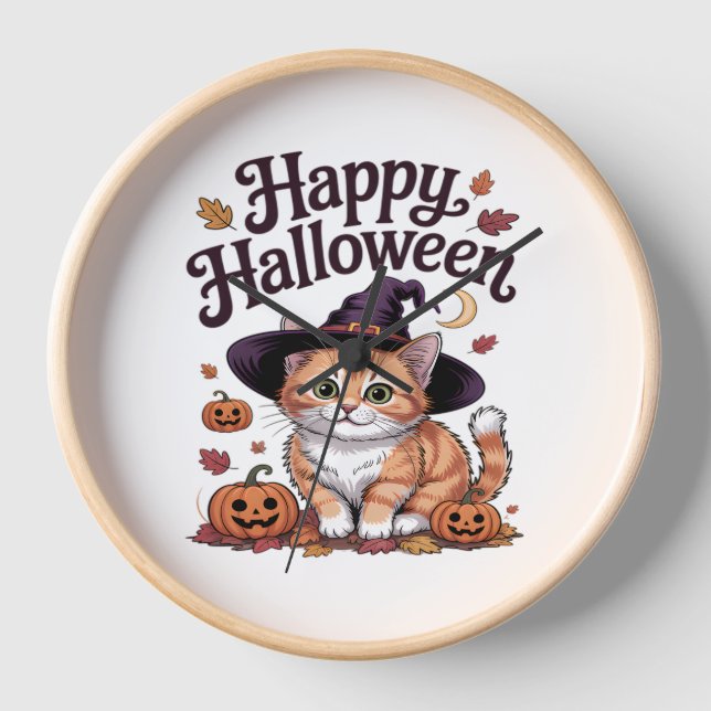 Cat Pumpkin Happy Halloween Clock (Front)