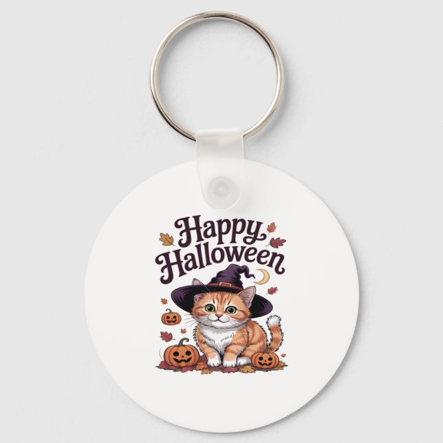 Cat Pumpkin Happy Halloween Key Ring (Front)