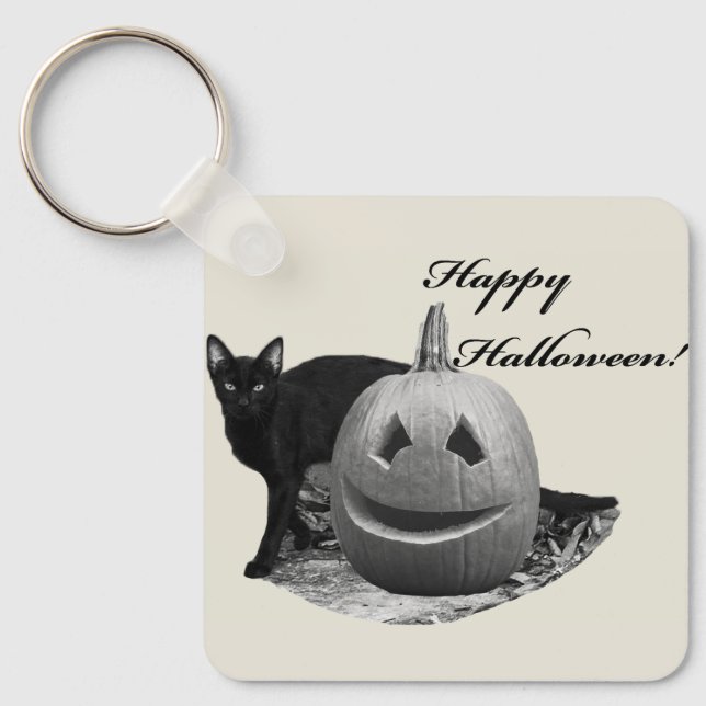 Cat & Pumpkin Happy Halloween Key Ring (Front)