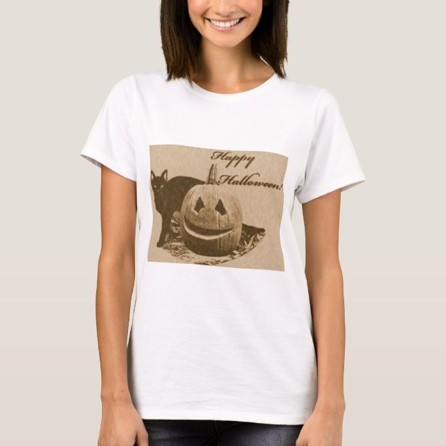 Cat & Pumpkin Happy Halloween T-Shirt (Front)