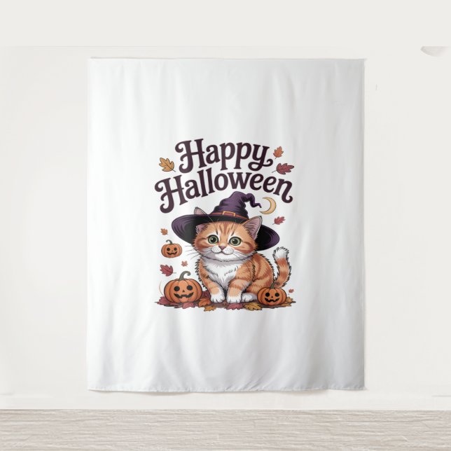 Cat Pumpkin Happy Halloween Tapestry (Front)