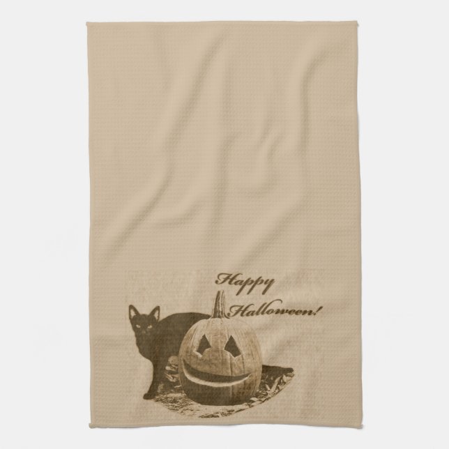 Cat & Pumpkin Happy Halloween Tea Towel (Vertical)