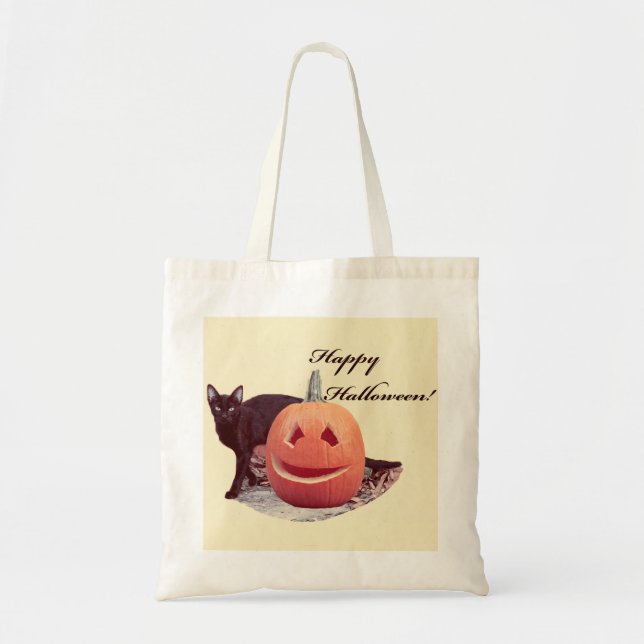 Cat & Pumpkin Happy Halloween Tote Bag (Front)