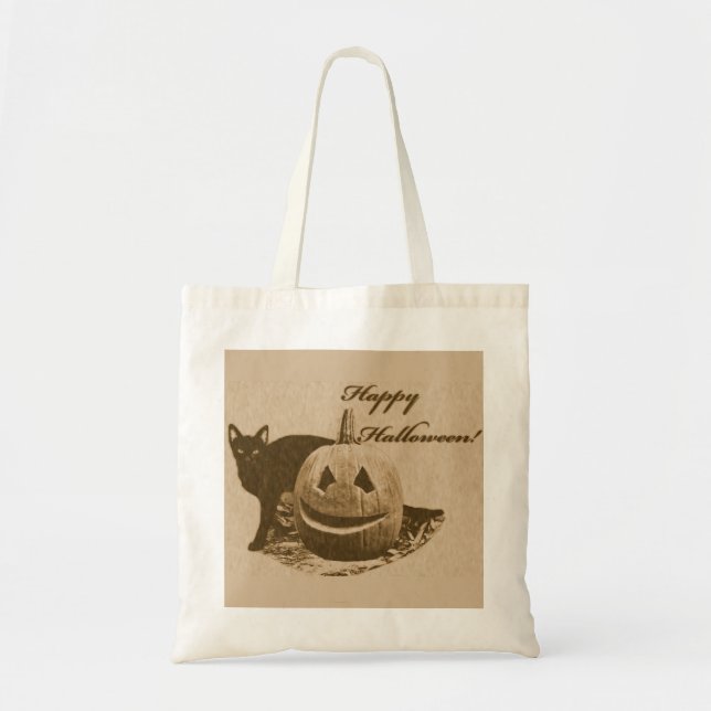 Cat & Pumpkin Happy Halloween Tote Bag (Front)