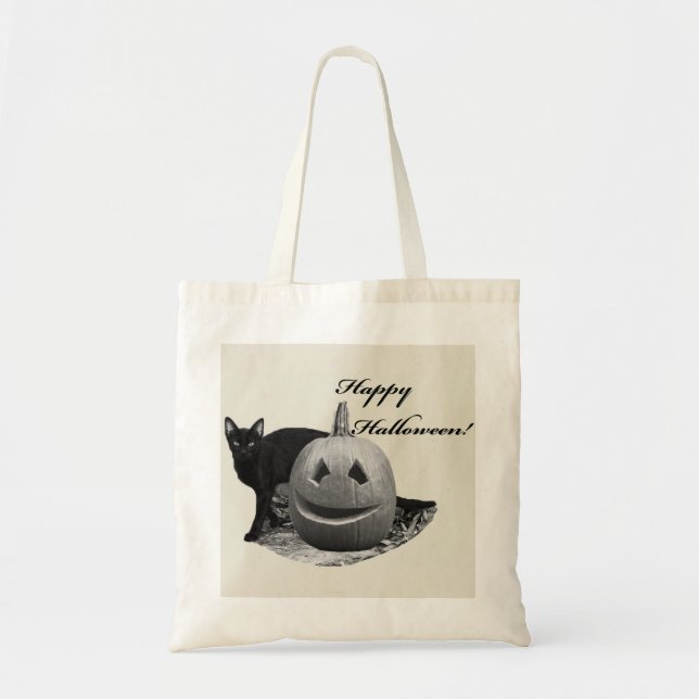 Cat & Pumpkin Happy Halloween Tote Bag (Front)