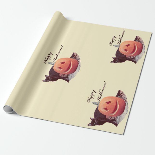 Cat & Pumpkin Happy Halloween Wrapping Paper (Unrolled)