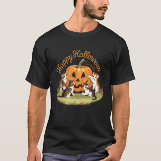 Cat Pumpkin Vintage Halloween Floral Spooky Season T-Shirt