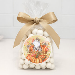 Cat Pumpkins Fall Autumn Orange White Classic Round Sticker