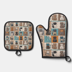 Cat Quilt Design Oven Mitt & Pot Holder Set