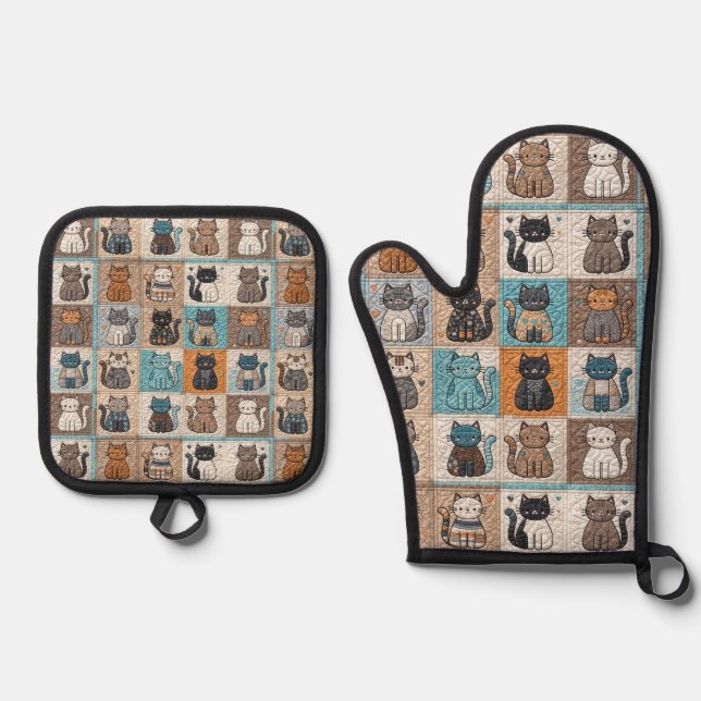 Cat Quilt Design Oven Mitt & Pot Holder Set (Front)