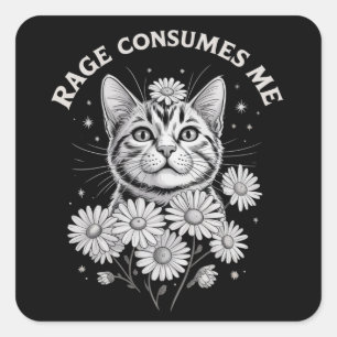 Cat Rage Consumes Me Funny Sarcastic Kitten Flower Square Sticker