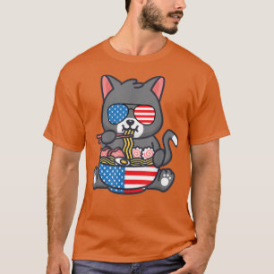 Cat Ramen American Anime Flag 4th Of July Funny Pa T-Shirt