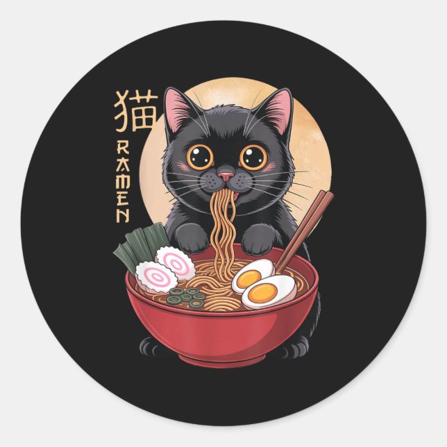 Cat Ramen Funny Graphic Tees Japanese Kawaii Cat A Classic Round Sticker (Front)