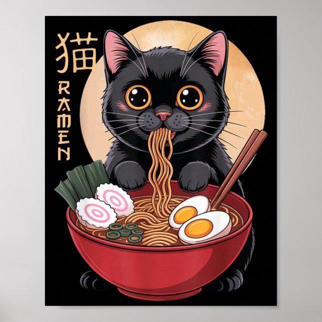 Cat Ramen Funny Graphic Tees Japanese Kawaii Cat A Poster (Front)