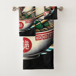 Cat Ramen Japanese Art Vintage Style Bath Towel Set