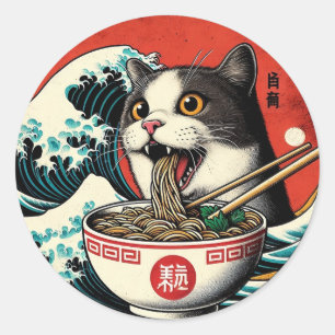 Cat Ramen Japanese Art Vintage Style Classic Round Sticker