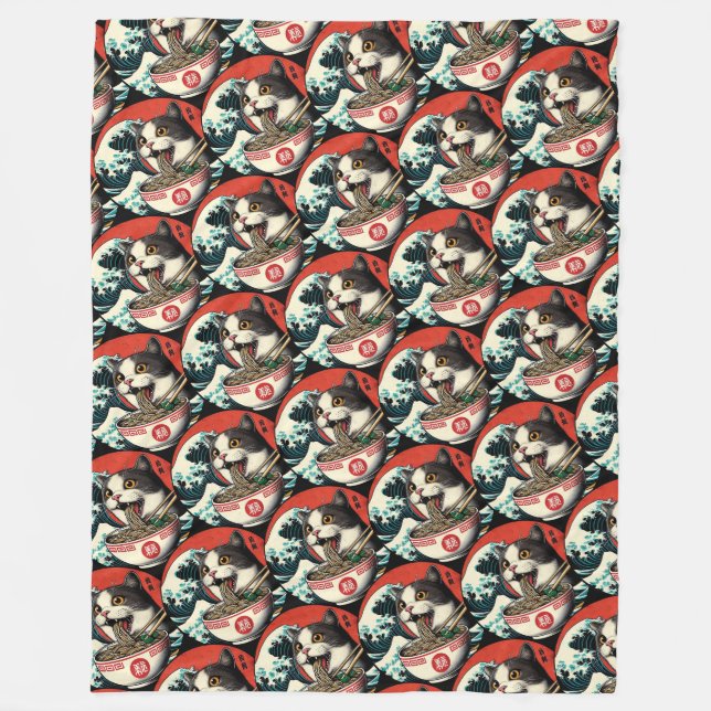 Cat Ramen Japanese Art Vintage Style Fleece Blanket (Front)