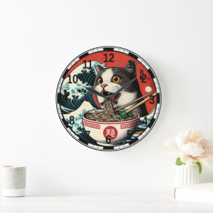 Cat Ramen Japanese Art Vintage Style Large Clock
