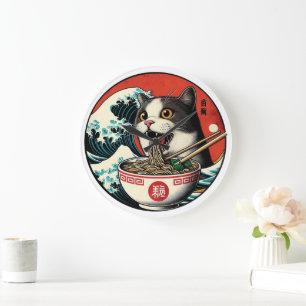 Cat Ramen Japanese Art Vintage Style Large Clock