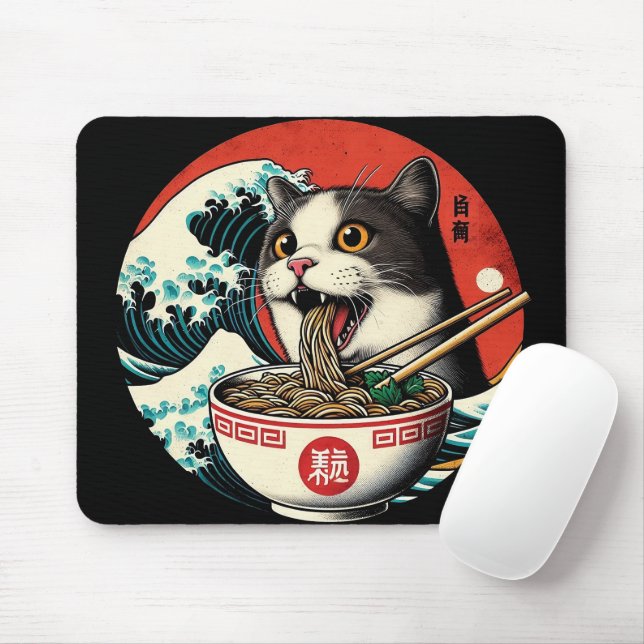 Cat Ramen Japanese Art Vintage Style Mouse Mat (With Mouse)