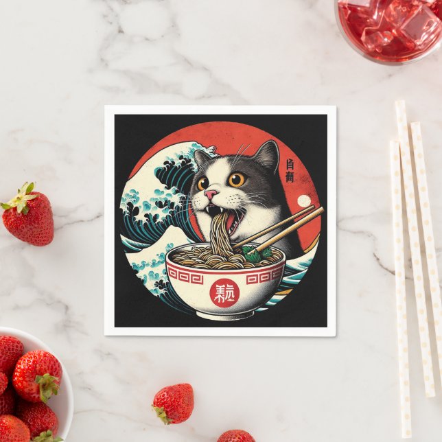 Cat Ramen Japanese Art Vintage Style Napkin (Insitu)