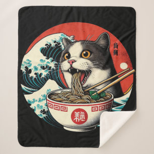 Cat Ramen Japanese Art Vintage Style Sherpa Blanket