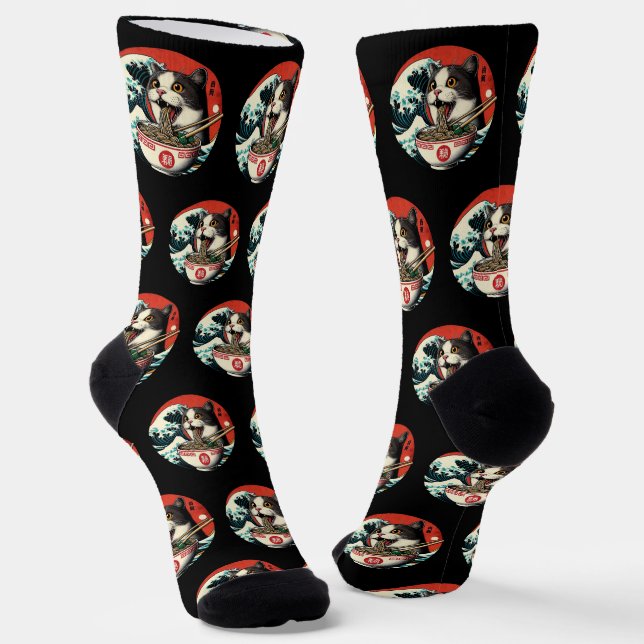 Cat Ramen Japanese Art Vintage Style Socks (Angled)